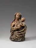 Central Rhine Region circa 1470, A Central Rhenish figure of the Virgin and Child, circa 1470, Wood, carved in the round, minor remains of former polychromy. A half-length depiction of the Virgin Mary holding the Child before her and floating above a cloud bank. The entire sculpture is worked in exquisite detail, especially the strands of hair falling across the Virgin's back, which are particularly finely worked. This piece is comparable in style to the next sculpture "The Virgin and Child on the Crescent Moon" (lot 1287). Some wear with minor losses