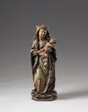 Flemish circa 1470 & 1480, A Flemish figure of the Virgin and Child, circa 1470/1480, Wood, carved three-quarters in the round and flattened to the reverse, with extensive remains of former polychromy. The crowned Virgin stands in contrapposto holding the naked Child in both hands. She wears a blue dress with gilt hems, this is, however, almost entirely obscured by a cloak worn over the Virgin's shoulders, which falls to the ground in a rich play of drapery and largely dominates the sculpture's composition. With insect damage and minor wear