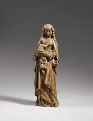 Mechelen circa 1500, A figure of the Virgin and Child, Mechelen, circa 1500, Carved wood, the reverse flattened, remains of older polychromy. A full-length depiction of the standing Virgin holding the Child in both hands before her. The Child, wrapped in a cloth, faces his mother but has turned his head towards the beholder. The reverse of the sculpture bears the mark of the city of Mechelen. Wear with losses to the plinth