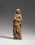 Mechelen circa 1500, A figure of the Virgin and Child, Mechelen, circa 1500, Carved wood, the reverse flattened, remains of older polychromy. A full-length depiction of the standing Virgin holding the Child in both hands before her. The Child, wrapped in a cloth, faces his mother but has turned his head towards the beholder. The reverse of the sculpture bears the mark of the city of Mechelen. Wear with losses to the plinth