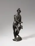 Probably Venice 17th century, A probably Venetian figure of the god Mars, the mould attributed to Tiziano Aspetti, 17th century, Bronze, cast in the round, chased, with an older patina. A figure of Mars, the God of war, standing on a breastplate clothed solely in a helmet and a cloth draped around his shoulders. He is depicted leaning upon his shield and in the act of drawing his sword from its scabbard. The mould for this cast is attributed to Tiziano Aspetti (1565 Padua - 1607 Pisa). A hole to the base, horizontal crack to the chest, some wear