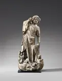 Lothringen, A figure of Saint Michael, Lorraine, circa 1320/1330, Sandstone, carved in the round whereby the reverse is carved in less detail. Minor remains of former polychromy. This fine quality sculpture is designed for a frontal viewpoint, but the fact that the sides are also carved in such detail indicates that it may have been originally placed before a wall or pillar. The saint is shown standing upon a dragon lain at his feet, which has sunk its teeth into his shield. Saint Michael is shown with his right hand raised, piercing his opponent with his now missing lance, a pose which emphasises the ponderation of his body. Cuts and old pins to the reverse indicate that the figure once bore separately worked wings. Christof Metzger has convincingly ascribed the sculpture to the Lorraine region and dates it to around 1320/1330, whereby he compares it to works from Metz, such as the Madonna in Saint-Dié Cathedral from around 1310/1320, the Madonna of Verdun from around 1315 (Berlin, Skulpturengalerie) and a fragment of a female saint's head from circa 1325 (Paris, Louvre). The right hand partially missing. Wear with minor losses, minor weathering to the surface. Mounted on a flat metal plinth