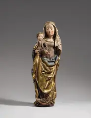 attributed to Michael Pacher, A figure of the virgin and child attributed to Michael Pacher, Wood, carved in the round. With old and partially original polychromy. This fine sculpture is fully carved on all sides, indicating that it may in the original location have been viewable in the round. The Virgin stands in balanced contrapposto with a crescent moon, partially obscured by the hem of her gown, lain at her feet. The Child is held above the Virgin's left hip and wears a long robe, a scepter was probably held in his missing left hand. The drapery of the Virgin's white veil and her long curls are subtly depicted, and the outline of Her body beneath the folds of Her girded robe and heavy golden cloak are also masterfully carved. The sculpture is traditionally brought into connection with the works of Michael Pacher, who was active in Bruneck in South Tyrol in the last third of the 15th century. The similarity in the general composition of the piece and the face of Mary to a statue of the Virgin in the parish church of St. Lorenzo dated to around 1465 support this attribution. The Virgin's left forearm, the Child's right arm and one of his fingers lost. A small crack to the back of the plinth. Losses to the crown, but generally minor wear