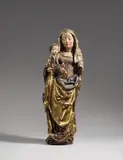 attributed to Michael Pacher, A figure of the virgin and child attributed to Michael Pacher, Wood, carved in the round. With old and partially original polychromy. This fine sculpture is fully carved on all sides, indicating that it may in the original location have been viewable in the round. The Virgin stands in balanced contrapposto with a crescent moon, partially obscured by the hem of her gown, lain at her feet. The Child is held above the Virgin's left hip and wears a long robe, a scepter was probably held in his missing left hand. The drapery of the Virgin's white veil and her long curls are subtly depicted, and the outline of Her body beneath the folds of Her girded robe and heavy golden cloak are also masterfully carved. The sculpture is traditionally brought into connection with the works of Michael Pacher, who was active in Bruneck in South Tyrol in the last third of the 15th century. The similarity in the general composition of the piece and the face of Mary to a statue of the Virgin in the parish church of St. Lorenzo dated to around 1465 support this attribution. The Virgin's left forearm, the Child's right arm and one of his fingers lost. A small crack to the back of the plinth. Losses to the crown, but generally minor wear