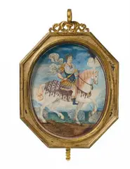 Jean Clouet, A French portrait of the young Louis XIII., Watercolour on vellum in the original fire-gilt frame. H 10; incl. frame
