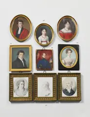 A set of three French portraits of the Familie Templier by Eugènie Despois., A set of three French portraits of the Familie Templier by Eugènie Despois., Gouache on ivory in original gilt copper frame. The reverse subsequently inscribed. Each signed lower right "Eugènie D'espois", the lady's portrait dated 1825. With slight moisture damage
