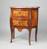 Jean-Georges Schlichtig, A Parisian transition period bombe-form chest of drawers, Kingwood, rosewood and maple on oak, fire-gilt bronze mountings, replaced iron locks, associated restored marble top. Stamped to the side apron: JME Schlichtig. Some bronze mountings missing, retouched damage due to earlier insect infestation. H 117, W 70, D