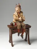 Gustave Vichy, Musical automaton "Jean qui pleure", Wind-up mechanism, plays two melodies, attached original key and locking button. Painted wood and papier mache head, glass eyes, porcelain hands, hair, textile, wood and metal. The left leg, right arm and head move to the music. With a metal plaque reading "Fabrique G. Vichy Modèle déposé" to the back of the bench. Soiled, one of the donkey's ears partially torn off, the clothing damaged. H ca