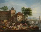 attributed to Adriaen Fransz. Boudewijns, Market Scene in a River Town, Oil on canvas