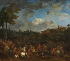 Jasper Broers, Cavalry Battle by a Village, Oil on canvas (relined)