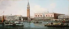 Antonio Canal, called Canaletto, successor, View of the Doge's Palace and Piazzeta from the Lagoon View of San Giorgio Maggiore from the Lagoon, Oil on panel. Each
