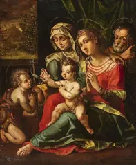 Flemish School Ca. 1580, The Holy Family with Saint Anne and Saint John, Oil on canvas (relined)