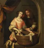 Reynier de La Haye, A Young Couple by a Washing Trough, Oil on panel