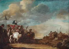attributed to Jan van Huchtenburgh, Landscape with Battle Scene, Oil on panel