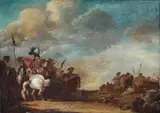 attributed to Jan van Huchtenburgh, Landscape with Battle Scene, Oil on panel