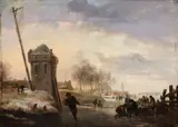 Johannes Maas the Younger, Ice Skating before a Dutch Town, Oil on panel