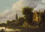 Canal Landscape with a Church Spire and Inn by Netherlandish School of the 17th century, Oil on panel, sold Mar 2014
