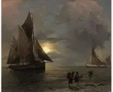 Andreas Achenbach, A Coastal Landscape with Sailing Ships by Moonlight