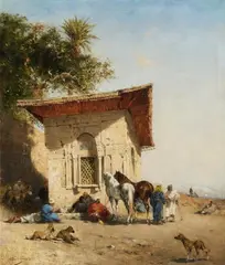 Narcisse Berchère, Rest by the Oasis, Oil on canvas, mounted on wood