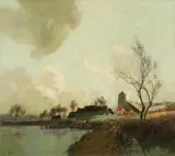 Alexandre Jacob, Autumn Sunlight on the Banks of the Marne Winter Landscape with a Flock of Sheep, Oil on canvas (relined). Each