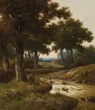 Hendrik Pieter Koekkoek, Wooded River Landscape with Houses in the Background, Oil on canvas