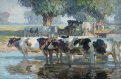 August Lüdecke-Cleve, Cattle at the Water Trough, Oil on canvas