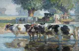 August Lüdecke-Cleve, Cattle at the Water Trough, Oil on canvas