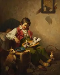 Ferdinand Marohn, Sleeping Boy with Pidgeons and Dog, Oil on canvas, mounted on wood