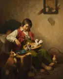 Ferdinand Marohn, Sleeping Boy with Pidgeons and Dog, Oil on canvas, mounted on wood