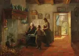 Evert Pieters, Dutch Interior with Mother and Children, Oil on canvas, mounted on hardboard