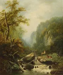 Johann Gottfried Steffan, Landscape with two Deer by a Mountain Stream, Oil on canvas