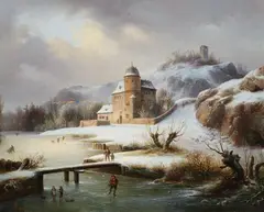 Wilhelm Steuerwaldt, Landscape with a Frozen River, Oil on panel