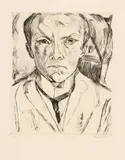 Max Beckmann, Selbstbildnis von vorn, im Hintergrund Hausgiebel, 1918, Drypoint