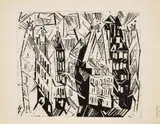 Lyonel Feininger, Pariser Häuser (Old houses in Paris), 1918, Woodcut