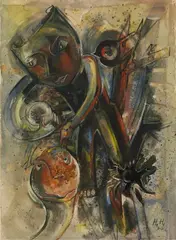 Leviathan by Hannah Höch, Watercolor, body colours and ink on firm textured watercolor laid paper with emossed Schoellershammer stamp, offered Nov 2013