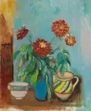Rudolf Levy, Dahlien in blauer Vase, 1942, Oil
