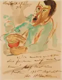 Max Pechstein, Selbstbildnis mit Punschglas (Neujahrsglückwunsch), 1924, Brown ink drawing with watercolour