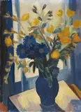 Fritz Schaefler, Blumenstrauß in blauer Vase, 1930s/1940s, Oil/egg tempera