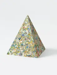 Jiří Kolář, Untitled (pyramid), 1971, Sculpture: imprinted paper, wallpaper and postage stamps