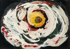 Mario Merz, Untitled, 1983, Oil and varnish with clay and snail shell collaged on heavy card