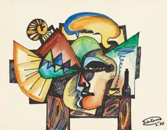 Untitled (Stillleben mit Gesicht im Profil) by Johann Georg Müller, 1985, Watercolour and felt-tip pen on paper with irregular margins. approx, sold Nov 2013