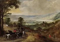 Joos de Momper, WIDE MOUNTAIN LANDSCAPE WITH RETURNING HERD, Oil on canvas (edges relined)