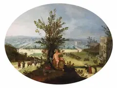 BACCHUS IN A WIDE LANDSCAPE by Flemish School Umkreis, Oil on panel (parquetted), sold Nov 2013