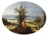 Flemish School Umkreis, BACCHUS IN A WIDE LANDSCAPE, Oil on panel (parquetted)