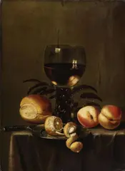 Hans van Sant, STILL LIFE WITH WINE GLASS, BREAD, LEMON AND PEACHES, Oil on panel