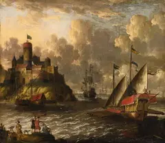 A VIEW OF A HARBOUR WITH A GALLEY by Peter van de Velde, Oil on canvas (relined), sold Nov 2013