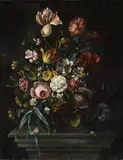 A FLORAL STILL LIFE ON A PLINTH by Italian School of the 17th century, Oil on canvas (relined), sold Nov 2013