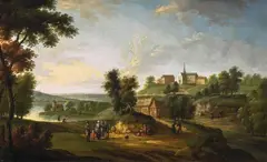 Peeter van Bredael, WIDE RIVER LANDSCAPE WITH VILLAGE AND FIGURES, Oil on canvas (relined)