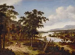 RIVER LANDSCAPE WITH TRAVELLERS AND HORSEMAN by Dionys Verburg, Oil on panel, sold Nov 2013