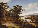 Dionys Verburg, RIVER LANDSCAPE WITH TRAVELLERS AND HORSEMAN, Oil on panel